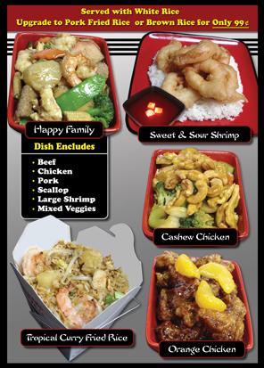 Happy Family, Sweet & Sour Shrimp, Cashew Chicken, Orange Chicken, Tropical Curry Fried Rice