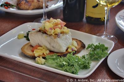 Our Cedar-Planked Seabass with Tropical Fruit Tapenade