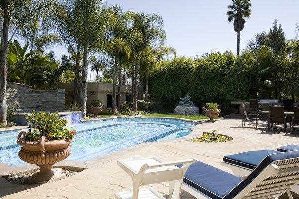 Hand-painted tile adorns bottom of the swimming pool