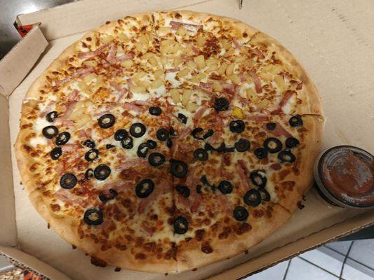 LG pizza add ham all over, pineapple on half , black olives on the other half.