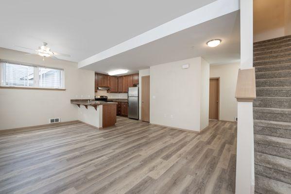 3x2 Townhome - Living Room + Dining Room + Kitchen