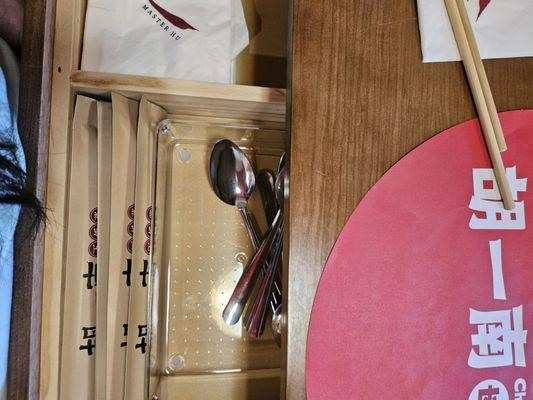 Drawer in table for cutlery