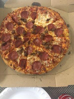 We ordered half pepperoni and half ham and this is what we got. Pepperoni and beef on the whole pie.