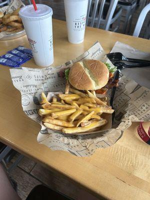 Grilled BUFFALO CHICKEN sandwich and FULL CHEESE FRIES