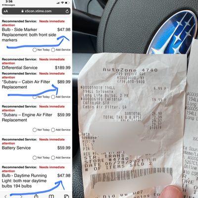 On the left are recommended service and dealership prices. On the right is what I paid for the items at Autozone.