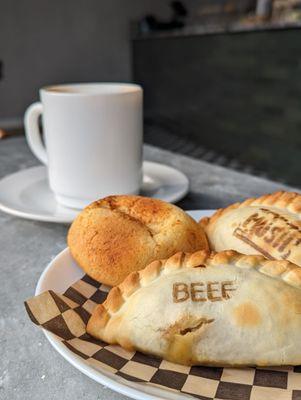 Pan de bono, beef empanada, mushroom empanada