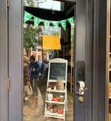 display of local products, seen through front door