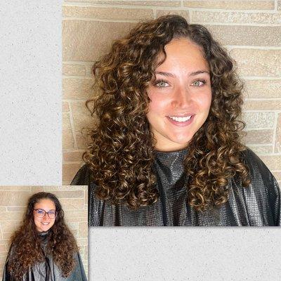 Stylish Curly cut and color transformation for volume and curl definition.  
Devacut, Pintura highlights..