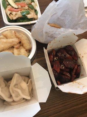 Steamed Pork Dumplings. Boneless spare ribs, shrimp from 7 stars around the moon, bag of duck sauce/etc. , chicken with vegetables