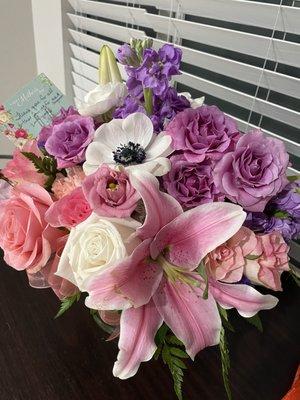 I told them my mother loved purple, pink, and stargazer lilies! They whipped this together so quickly!!! It came out absolutely beautiful!