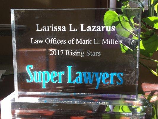 Super Lawyer Award earned by Attorney Lazarus last year.