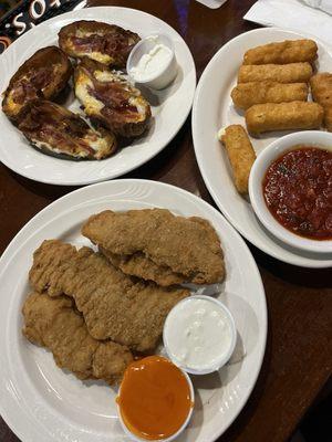 Chicken Fingers, Mozzarella Sticks, Loaded Potato Skins