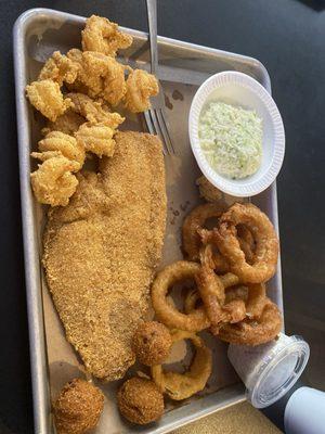 Grouper and shrimp with onion rings and coleslaw