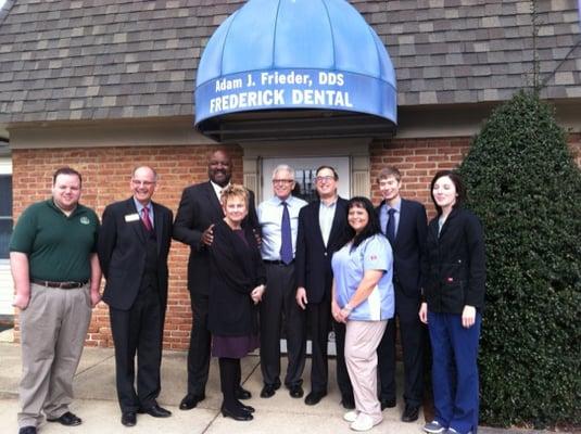 Everyone with Mayor McClement at the Open House, Ribbon Cutting Ceremony in December 2013.