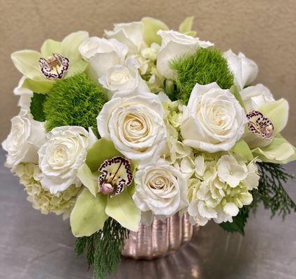 Low and lush floral arrangement