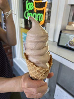 Chocolate + Vanilla swirl in waffle cone