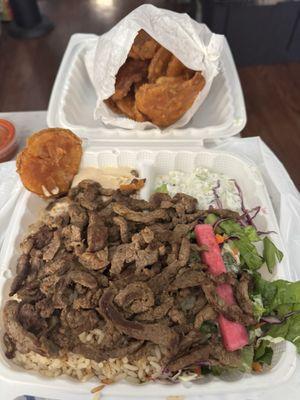 Beef and lamb plate with a side order of chips