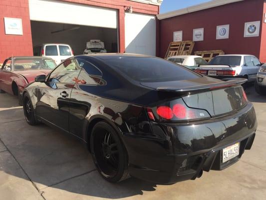 Infiniti G35 fully equipped with GTR body kit installed at Advanced Auto Body Lawndale.