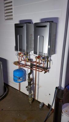 Completed installation of 2 new tankless water heaters for an 8 bathroom home. Call us today for a free estimate!