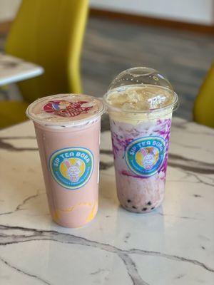 ig: @whatsviveating  |  strawberry milk tea and purple ube brulee milk tea