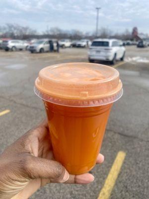 20-12-2023 -- A 16-oz fresh juice (Carrot, Orange, and Ginger) -- $6.50 plus 50 cents if you pay with a debit/credit card so total of $7.00