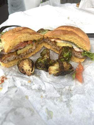 CLASSIC SMASH TURKEY BURGER w cheddar cheese and Brussel sprouts on the side