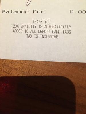 There's a $40 minimum for credit cards and an automatic 20% gratuity