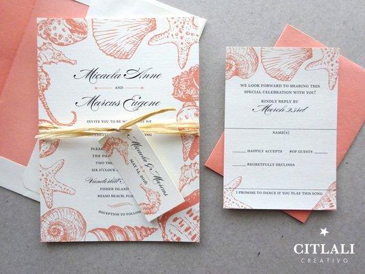 Seashell love wedding invitations