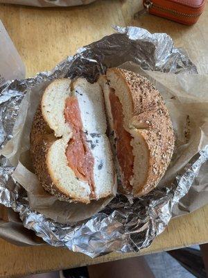 my delicious sesame Bagel with Fresh Lox and Flavored Cream Cheese