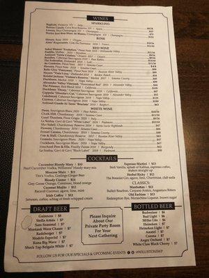 Willistons' Drink Menu