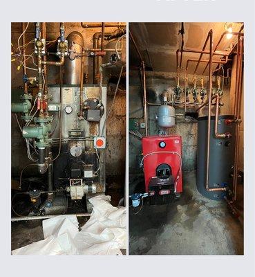 Before & After. A new 5 section Biasi boiler with an indirect hot water heater.