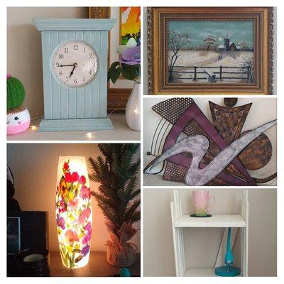 My Vintage Nest finds now at home: clock, lamp, oil painting, metal art, and slat shelf