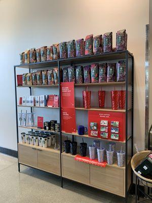 Coffee bags and merch at the in-store Starbucks