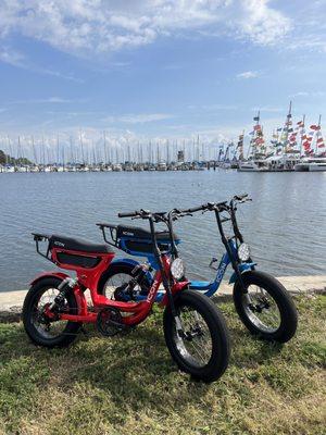 Ebikes from ICON are shown in Torch Red and Caribbean Blue.