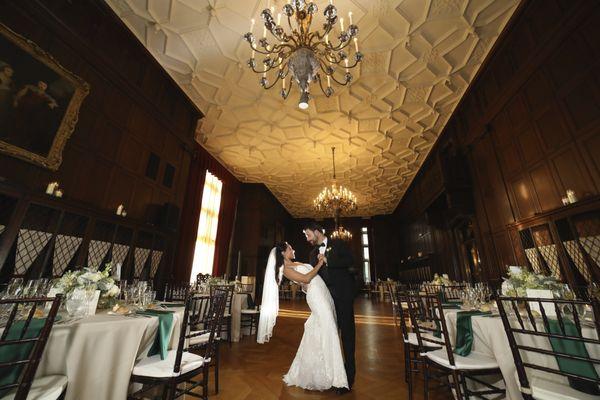 Bride and groom in West Room at Reid Castle