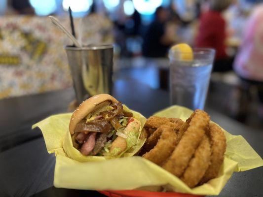 Guido Burger with Onion Rings (added lettuce and tomato)