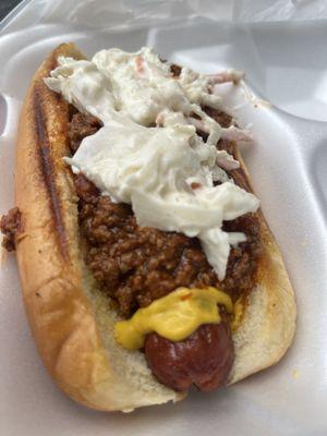 Chili, mustard, slaw hot dog