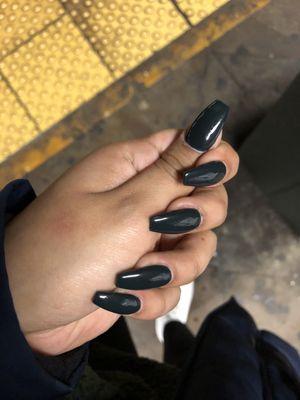 Beautiful Dark Green Coffin Acrylic Tips By Sunny