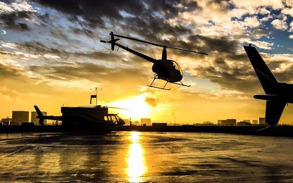 Flight training, lifting off the roof at sunrise