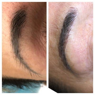 First microblading session, two more sessions to add shading and remove old tattoo.