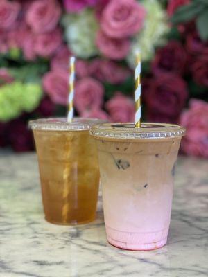 Herbal coffee (front); iced tea (back).