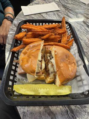 Thick bologna with sweet potato fries