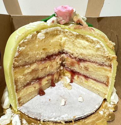 Layer upon layer of cake, raspberry jam, and Bavarian cream