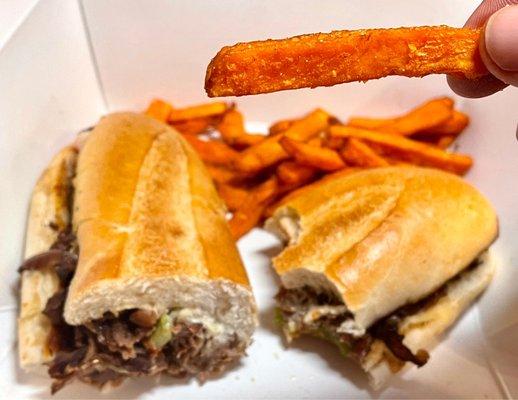 Sweet potato fry with signature sandwich $2.20 extra up charge.