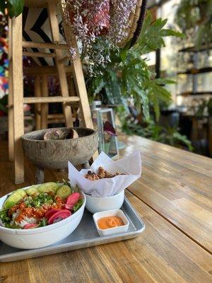 Spicy salmon bowl and chicken karaage PLUS their gorgeous green decor