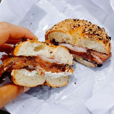 TINY everything bagel with scallion cream cheese and pastrami smoked salmon