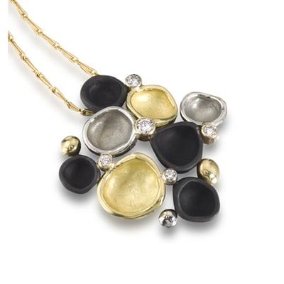 Confluence Large Cluster Pendant with diamonds, 18 K Yellow and White gold and Oxidized Cobalt Chrome.