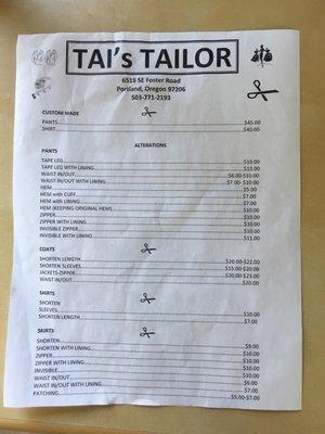 Rates for standard alterations