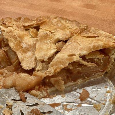 Apple pie is overloaded with apples inside with no added sugar, so you can taste the tartness; crust has a buttery flavor too. Yummy!