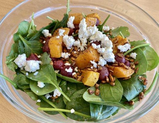 Harvest Salad: squash, Sonoma goat cheese, roasted red flame grapes, spiced sunflower seeds, sherry-honey vinaigrette